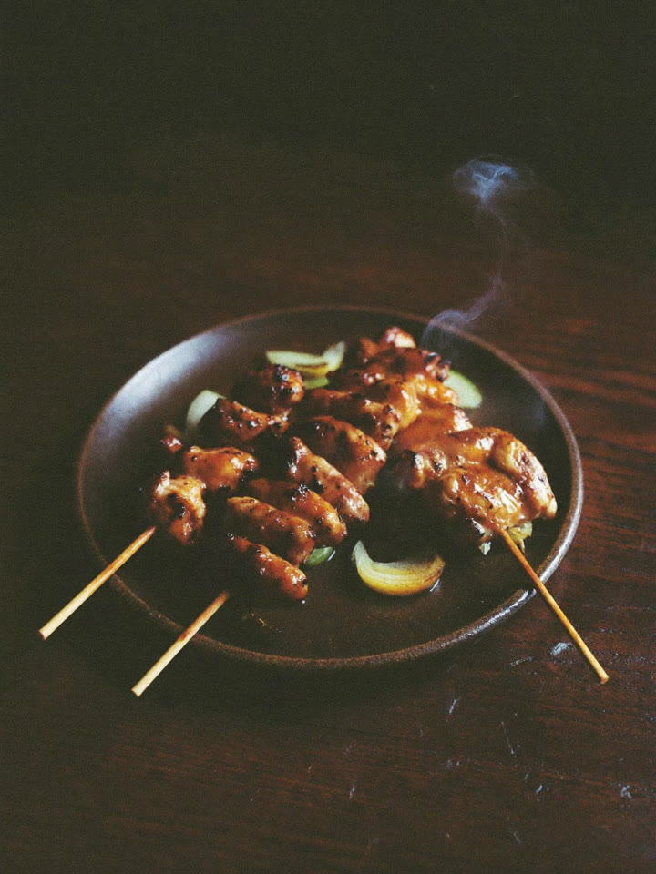 Charcoal yakitori skewers on a dark plate